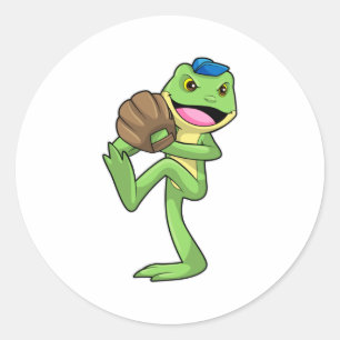 Frog at Baseball with Gloves Classic Round Sticker