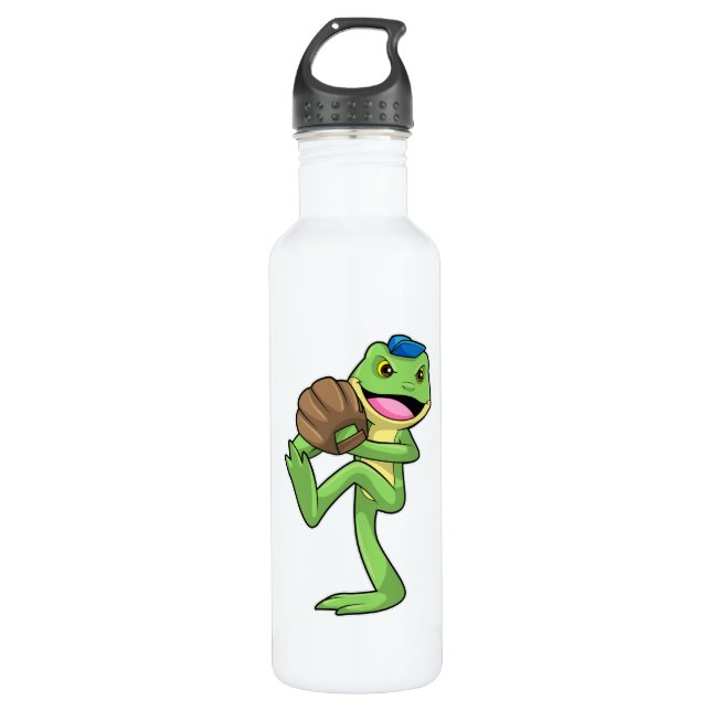 Frog at Baseball with Gloves Stainless Steel Water Bottle (Front)