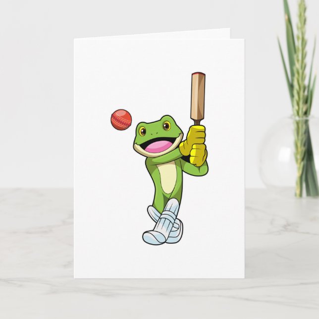 Frog at Cricket with Cricket bat Card (Front)