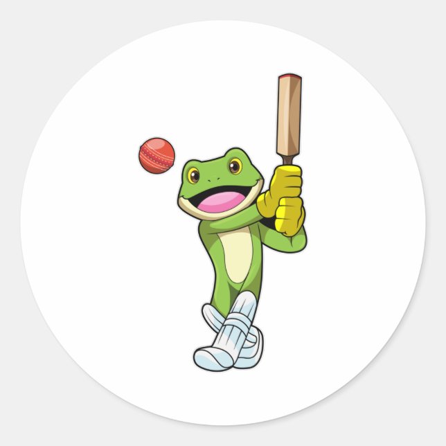 Frog at Cricket with Cricket bat Classic Round Sticker (Front)