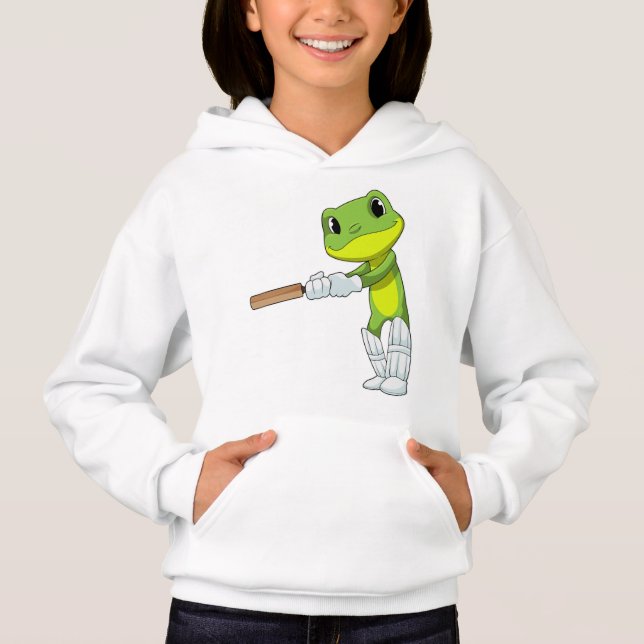 Frog at Cricket with Cricket bat Hoodie (Front)