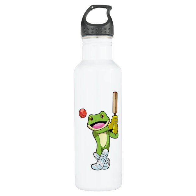 Frog at Cricket with Cricket bat Stainless Steel Water Bottle (Front)