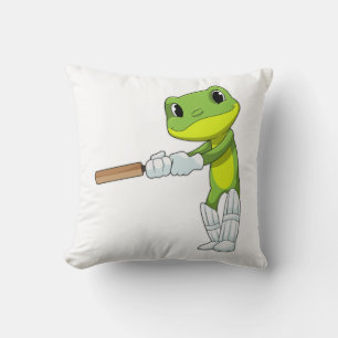 Frog at Cricket with Cricket bat Throw Pillow