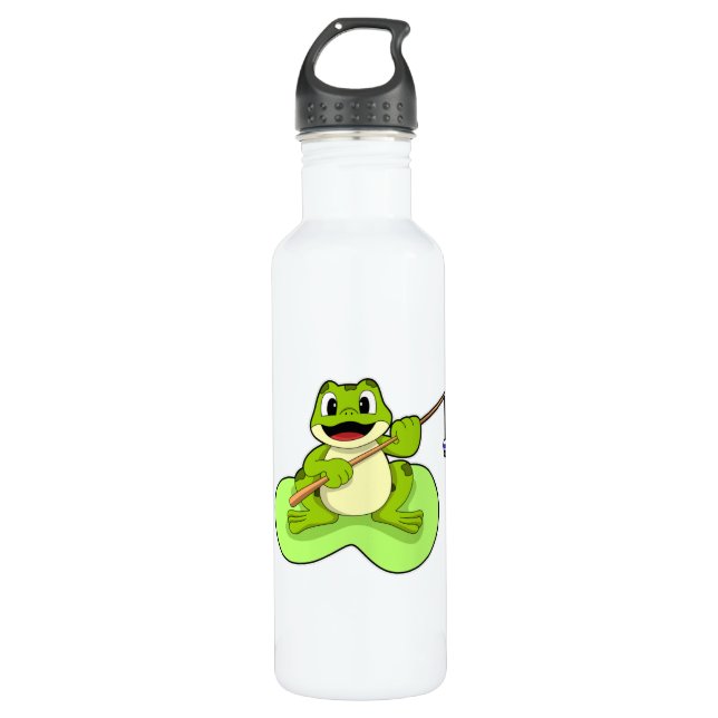 Frog at Fishing with Fishing rod Stainless Steel Water Bottle (Front)