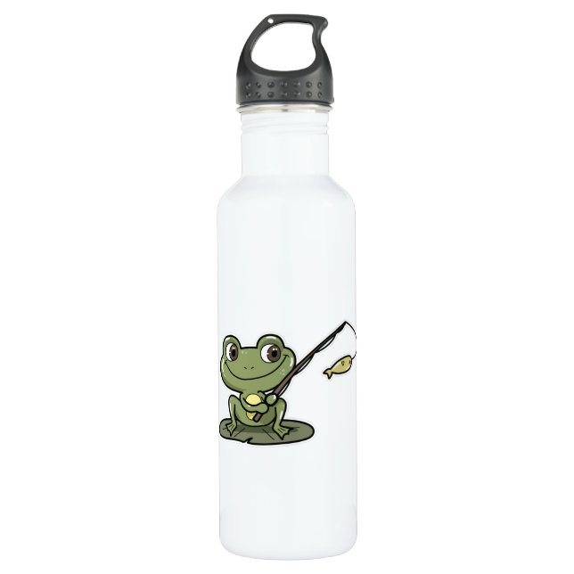 Frog at Fishing with Fishing rod Stainless Steel Water Bottle (Front)