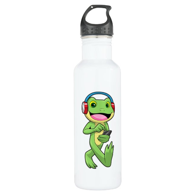 Frog at Music with Headphone Stainless Steel Water Bottle (Front)