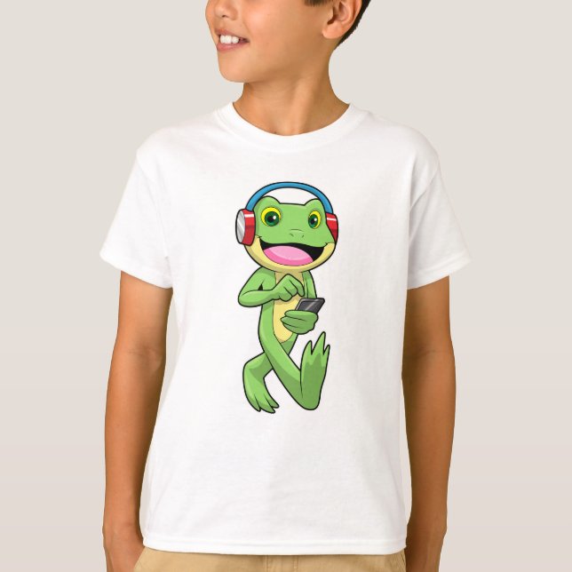 Frog at Music with Headphone T-Shirt (Front)
