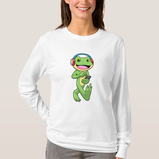 Frog at Music with Headphone T-Shirt (Front)