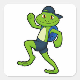 Frog at Running with Backpack & Hat Square Sticker