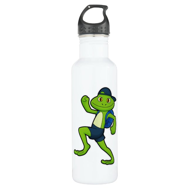Frog at Running with Backpack & Hat Stainless Steel Water Bottle (Front)