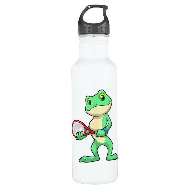 Frog at Tennis with Tennis racket Stainless Steel Water Bottle (Front)