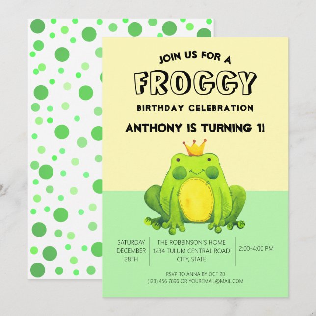 Frog baby 1st birthday green confetti personalized invitation (Front/Back)