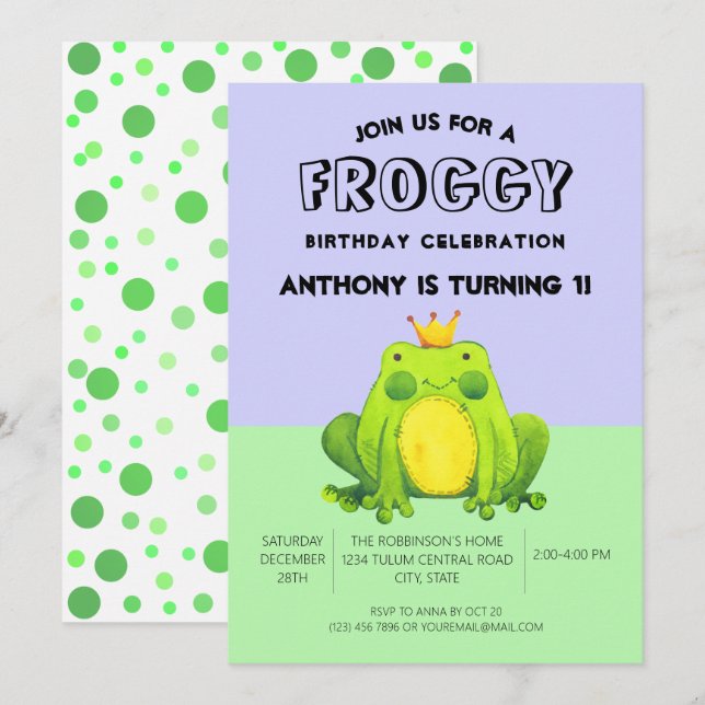 Frog baby 1st birthday green confetti personalized invitation (Front/Back)