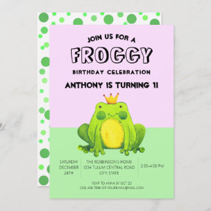 Frog baby 1st birthday green confetti personalized invitation