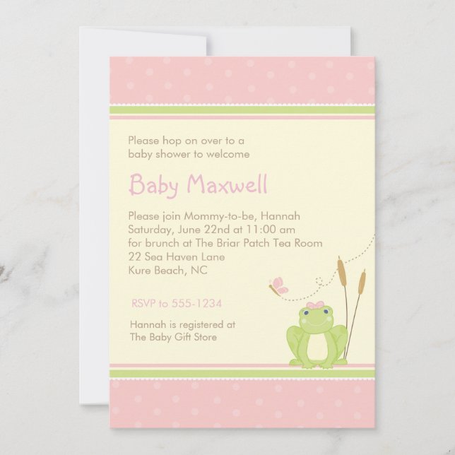 Frog Baby Girl Shower Invitation - Pink and Green (Front)