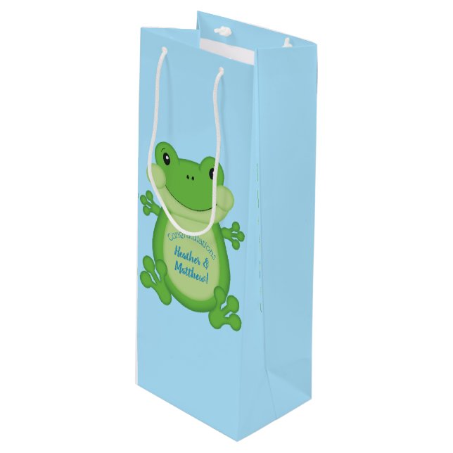 Frog Baby Shower Blue Wine Gift Bag (Front Angled)