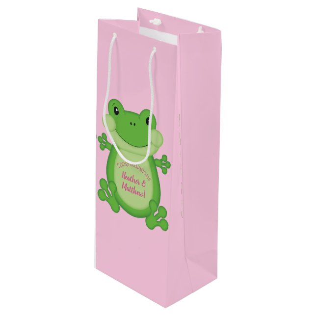 Frog Baby Shower Pink Girl Wine Gift Bag (Front Angled)
