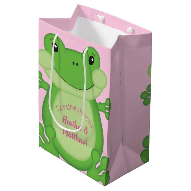 Frog Baby Shower Pink Medium Gift Bag (Front Angled)