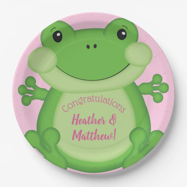 Frog Baby Shower Pink Paper Plates (Front)