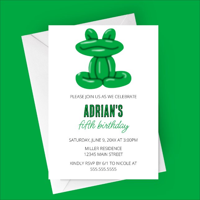 Frog Balloon Animal Birthday Party Invitation (Green Frog Balloon Animal Birthday Party Invitation )
