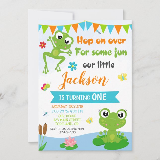 Frog birthday invitation Green reptile invitation (Front)