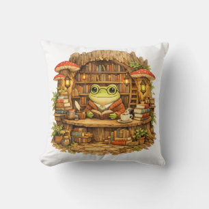 Frog Bookstore Shirt Cottagecore Frog Reading Throw Pillow