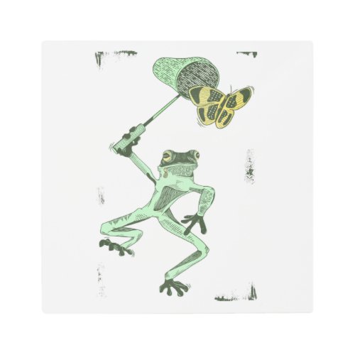 Frog chasing butterflies metal print