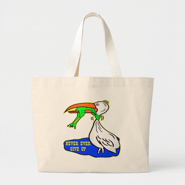 Frog Choking Bird Never Ever Give Up Large Tote Bag (Front)