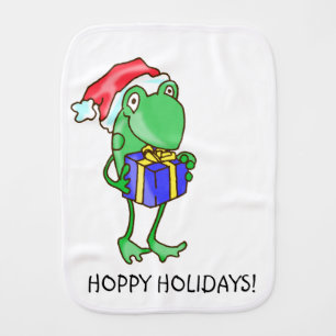 Frog Christmas -- Frog, Present, Santa Hat Baby Burp Cloth
