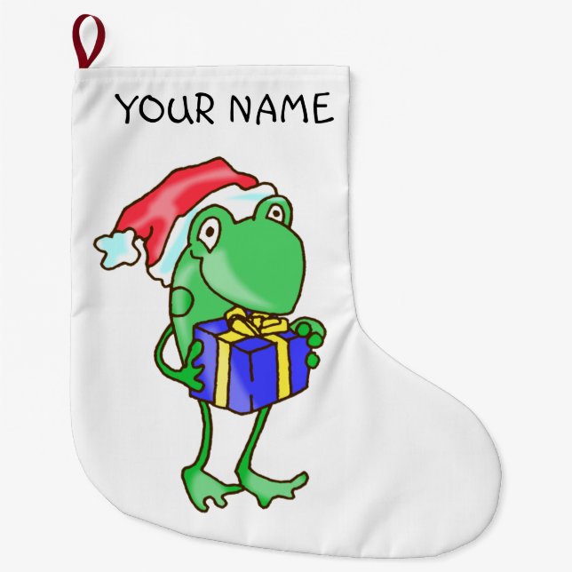 Frog Christmas -- Frog, Present, Santa Hat Christm Large Christmas Stocking (Front)