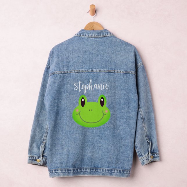 Frog Cute Funny Green Cartoon Denim Jacket (Hangar)