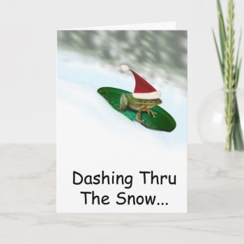 Frog Dashing Through The Snow On A Lily Pad Holiday Card by I_Love_Xmas at Zazzle