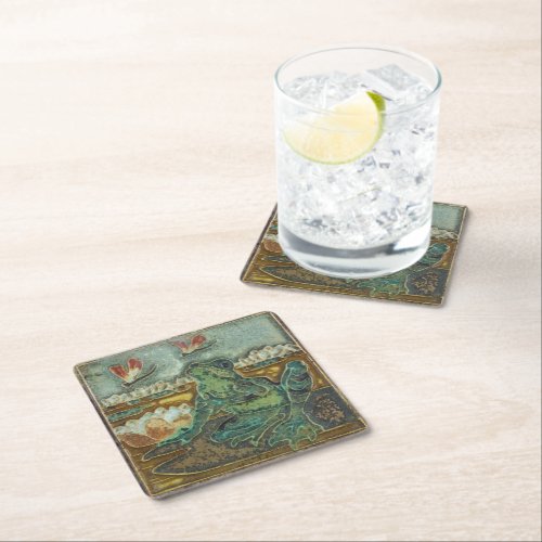Frog Dragonfly and Lily Pad Flower Vintage Art Square Paper Coaster