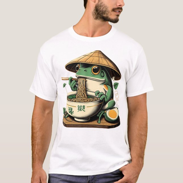 Frog Eating Ramen Kawaii Neko Japanese Noodles Ani T-Shirt (Front)