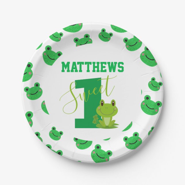 Frog First Birthday party Cute funny amphibian Paper Plates (Front)