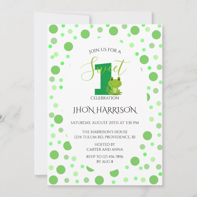Frog First birthday party Dots Invitation (Front)