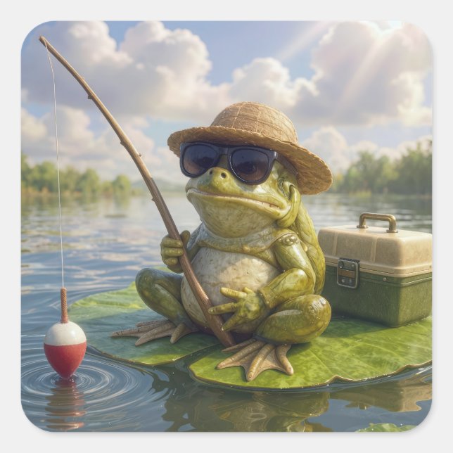 Frog Fishing From a Lily Pad Square Sticker (Front)