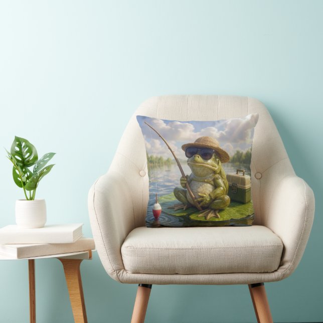Frog Fishing From a Lily Pad Throw Pillow (Chair)