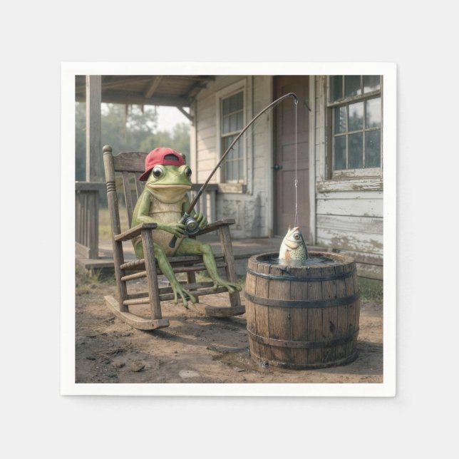 Frog Fishing in a Whiskey Barrel Napkins (Front)