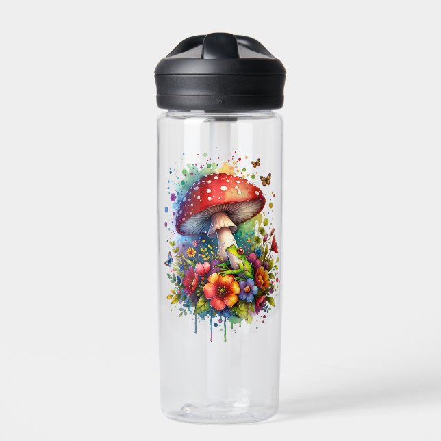 Frog Flowers Butterflies and Mushroom Personalized Water Bottle (Front)