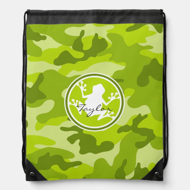 Frog;  green camo, camouflage drawstring bag (Front)