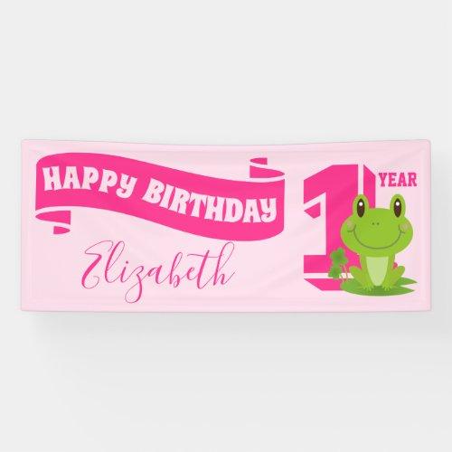 Frog Happy Birthday One year old girl cute pink Banner