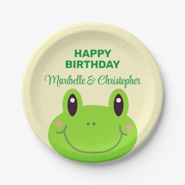 Frog Happy Birthday Twins Cream Yellow Paper Plates (Front)
