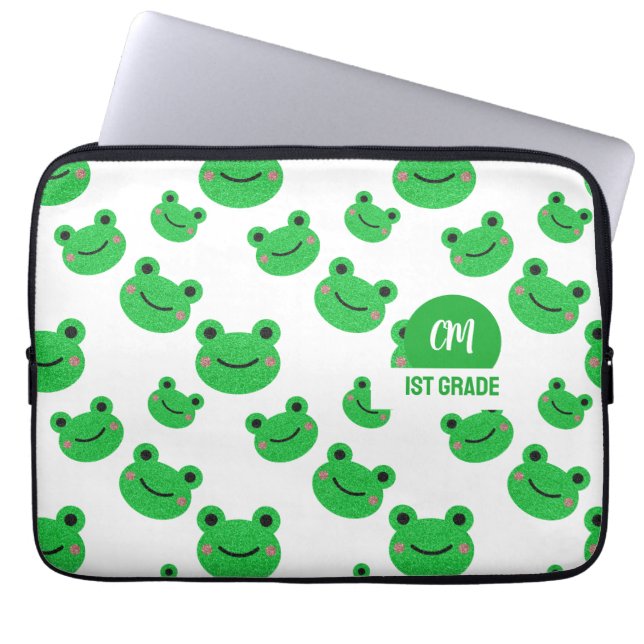 Frog Happy Face Pattern Green Monogram School Laptop Sleeve (Front)
