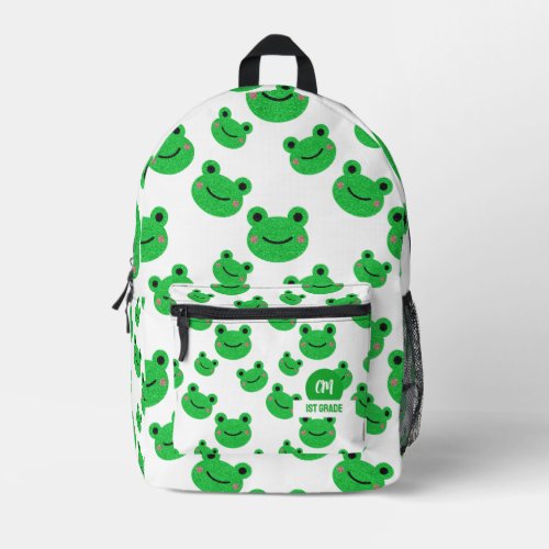 Frog Happy Face Pattern Green Monogram School Printed Backpack