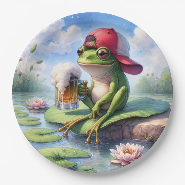 Frog Holding a Mug of Beer Paper Plates (Front)