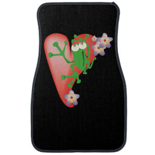 Frog hugging heart green froggy tropical flowers car floor mat