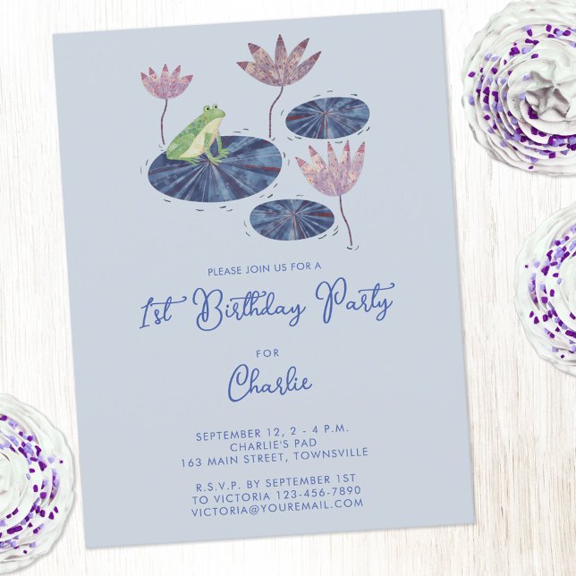 Frog in a Lily Pond Cute 1st First Birthday Invite (Cute frog themed first 1st custom age personalized birthday party invitation postcard)