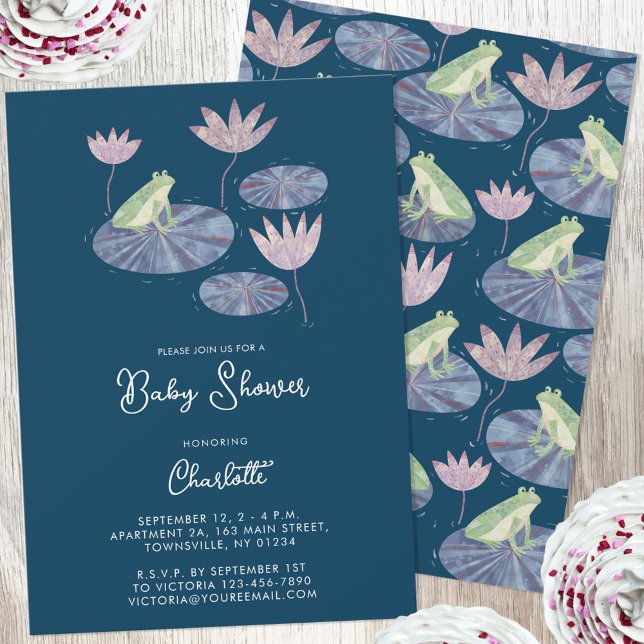 Frog in a Lily Pond Cute Baby Shower Invitation (Fun frog gender neutral personalized custom text baby shower invitation for baby boy or girl)