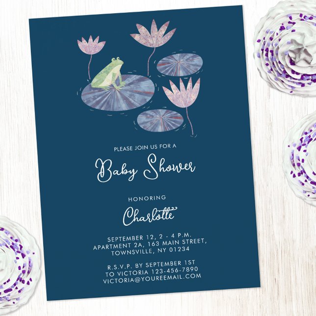 Frog in a Lily Pond Cute Baby Shower Invitation Postcard (Fun frog baby shower invitation postcard with custom text. Gender neutral for a baby boy or girl)